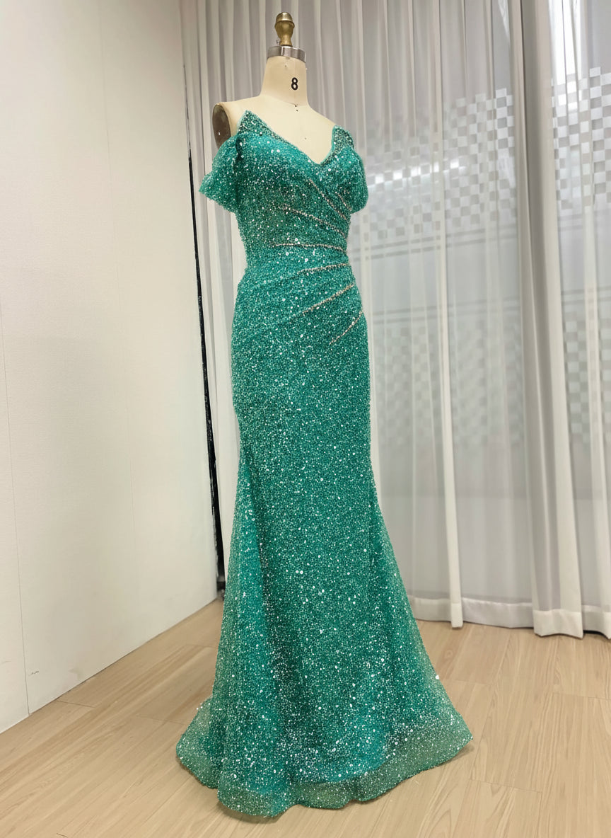MYMB Fashion Sparkly Luxury V Neck Off Shoulder Green Beaded Sequins Mermaid Prom Party Evening Dresses Gowns for Women MY30185
