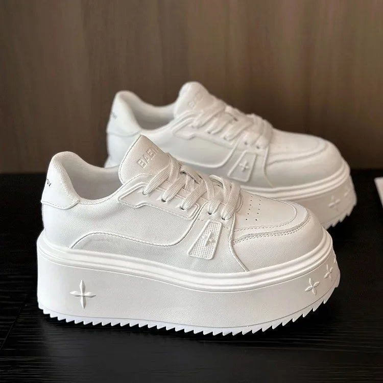 2025  Lightweight Sports  Genuine Leather Thick Bottom Women's Super High Heel Bread Shoes Versatile Height Casual Board Shoes