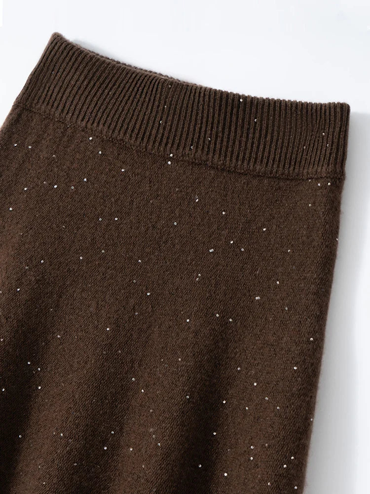 Luxury Women 100% Cashmere  Skirt Autumn Winter Thick Vintage Simple Style Sequined Umbrella Skirt Soft Warm  Knitted Skirt