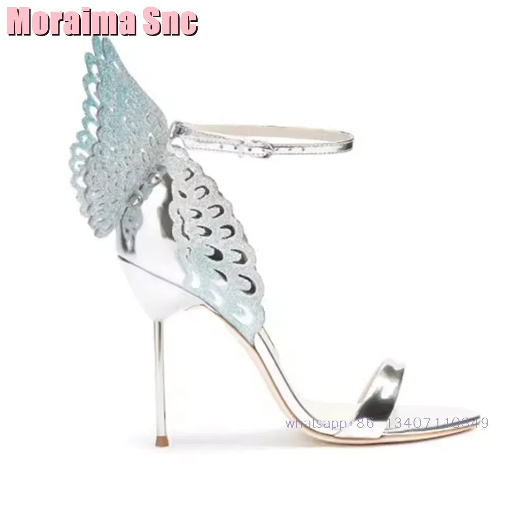 2025 New Back Butterfly Decor Wedding Shoes Bridal Sandals Stiletto High Heel Round Toe Ankle Buckle Bling Dress Shoes Banquet