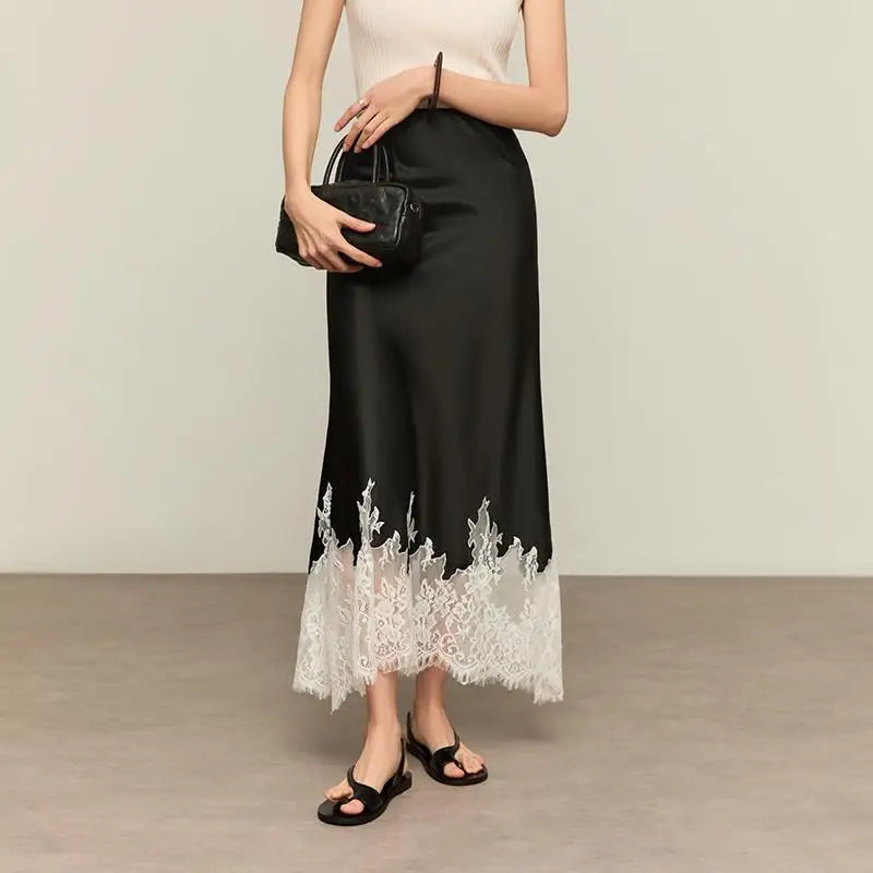 2025 New Arrival Summer Women Casual High Waist Elegant Slim Pencil Skirt Lace Patchwork Good Quality Ankle-length Skirts T11