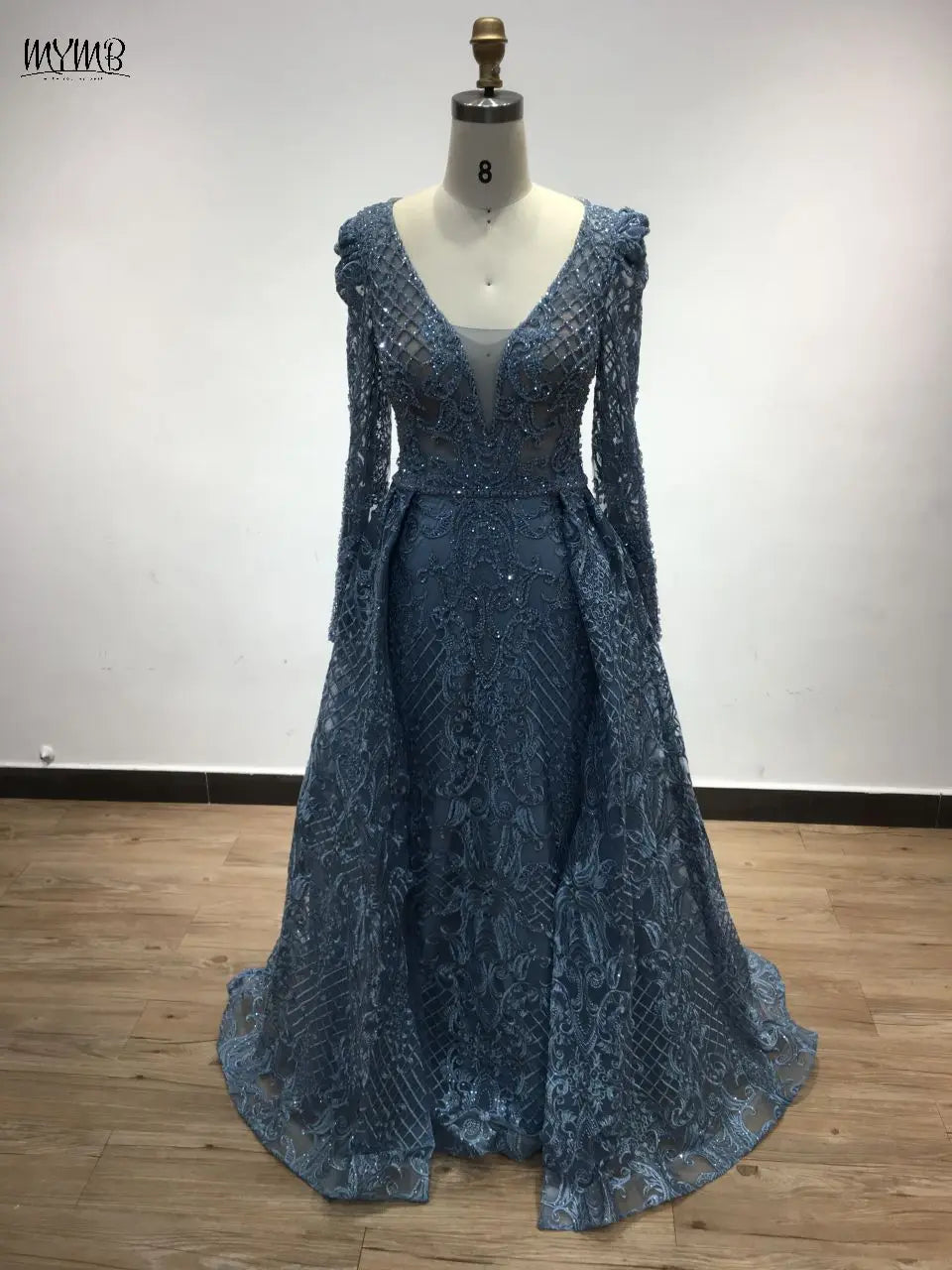 MYMB Blue Elegant Long Sleeves Women Celebrity Dress for Formal Occasions Luxury Arabic V Neck Beading Lace Evening Gowns DKN108