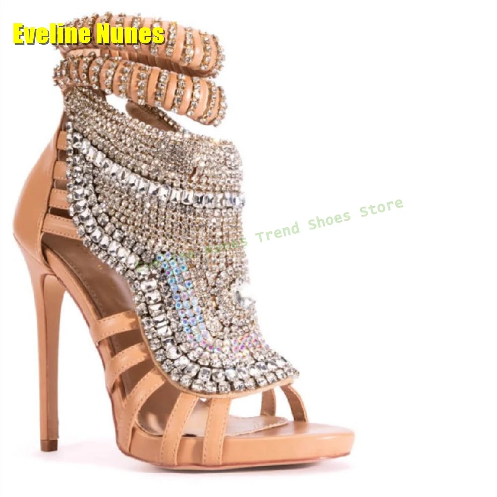 Luxury Blingbling Crystal Stiletto Sandals Open Toe Ankle Strap Patchwork Heavy Work Women Fashion Shoes Street Style Party 2025