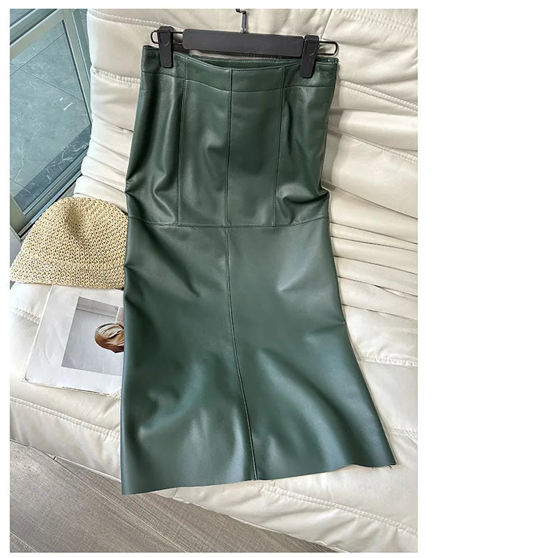 100% Real Leather Long Skirt Women 2024 New Fashion High Waist  Sexy Split Wrap Skirt Chic Ladies Sheepskin Pencil Skirts Luxury