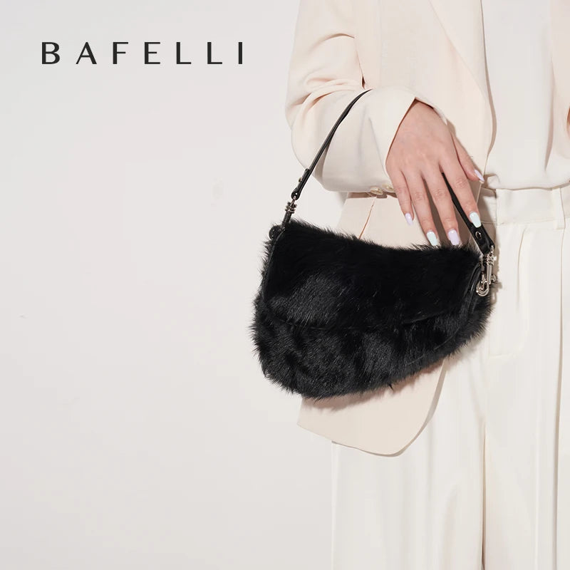 BAFELLI 2025 NEW WOMEN'S HANDBAG TREND GENUINE LEATHER FASHION STYLE WINTER SADDLE FUR BAGS LUXURY BRAND DESIGNER SHOULDER PURSE