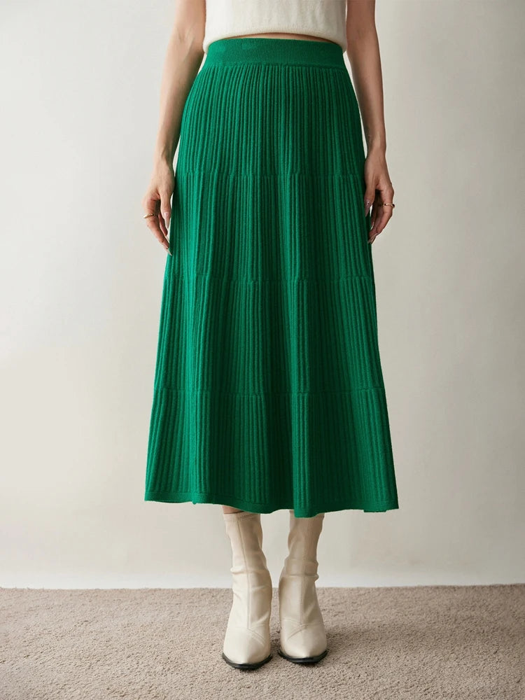 100% Cashmere Knitted Skirt Autumn Winter Women Elegant Tiered Pleats Slim A-line High Waisted Soild Office Lady Dress High-end