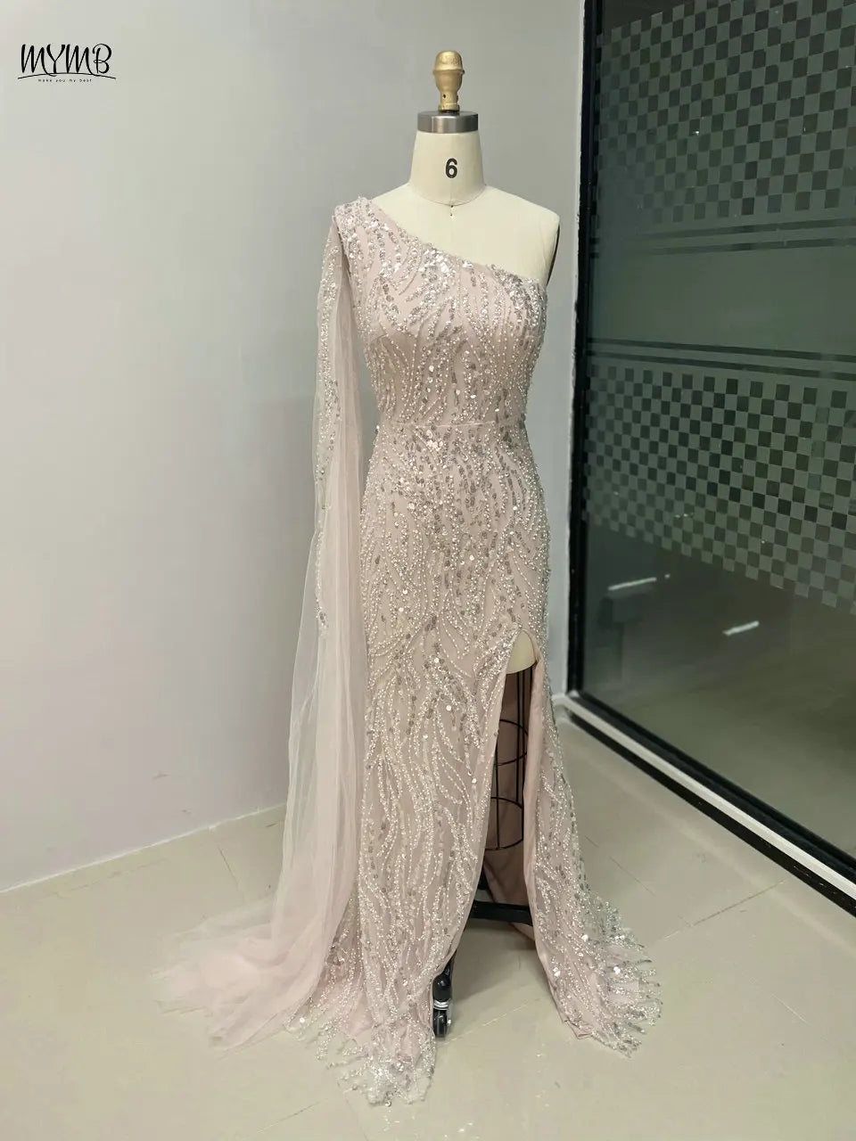 MYMB Champagne Amazing Beaded One Shoulder Mermaid Formal Occasion Dresses Sexy Cape Sleeve Evening Gowns with Side Split Y30023
