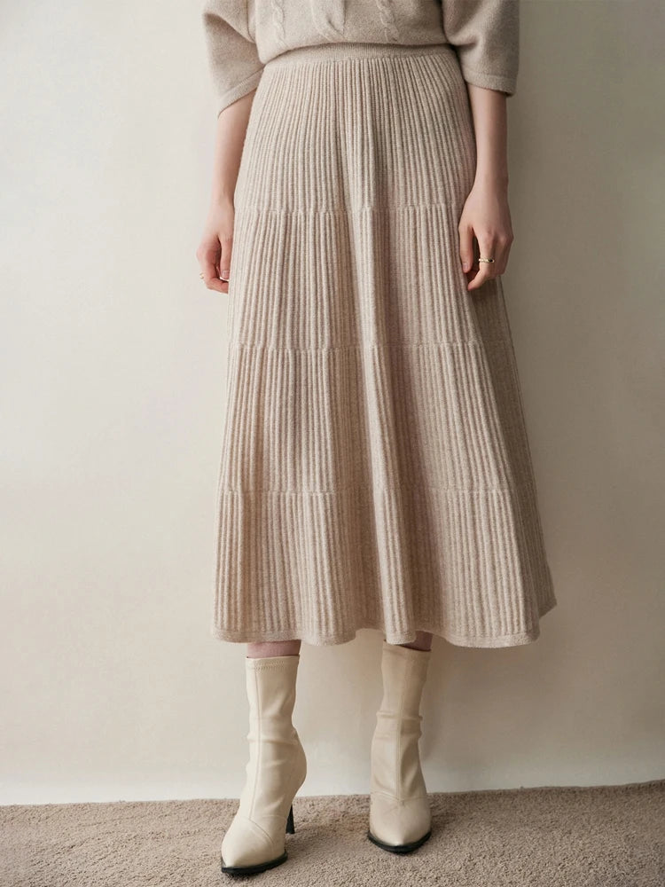 100% Cashmere Knitted Skirt Autumn Winter Women Elegant Tiered Pleats Slim A-line High Waisted Soild Office Lady Dress High-end