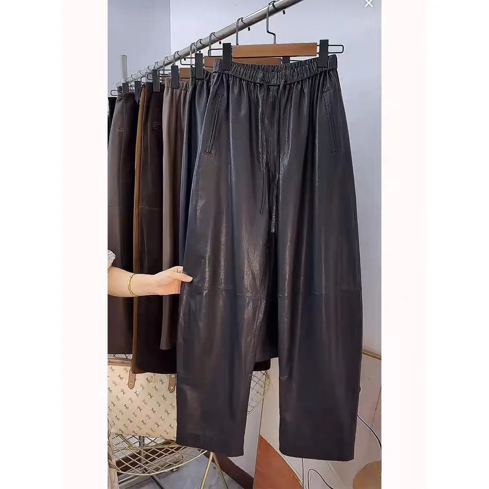 Luxury Genuine Leather Pants High Quality Women Elastic Waist Drawstring Trousers Wide Leg Pants