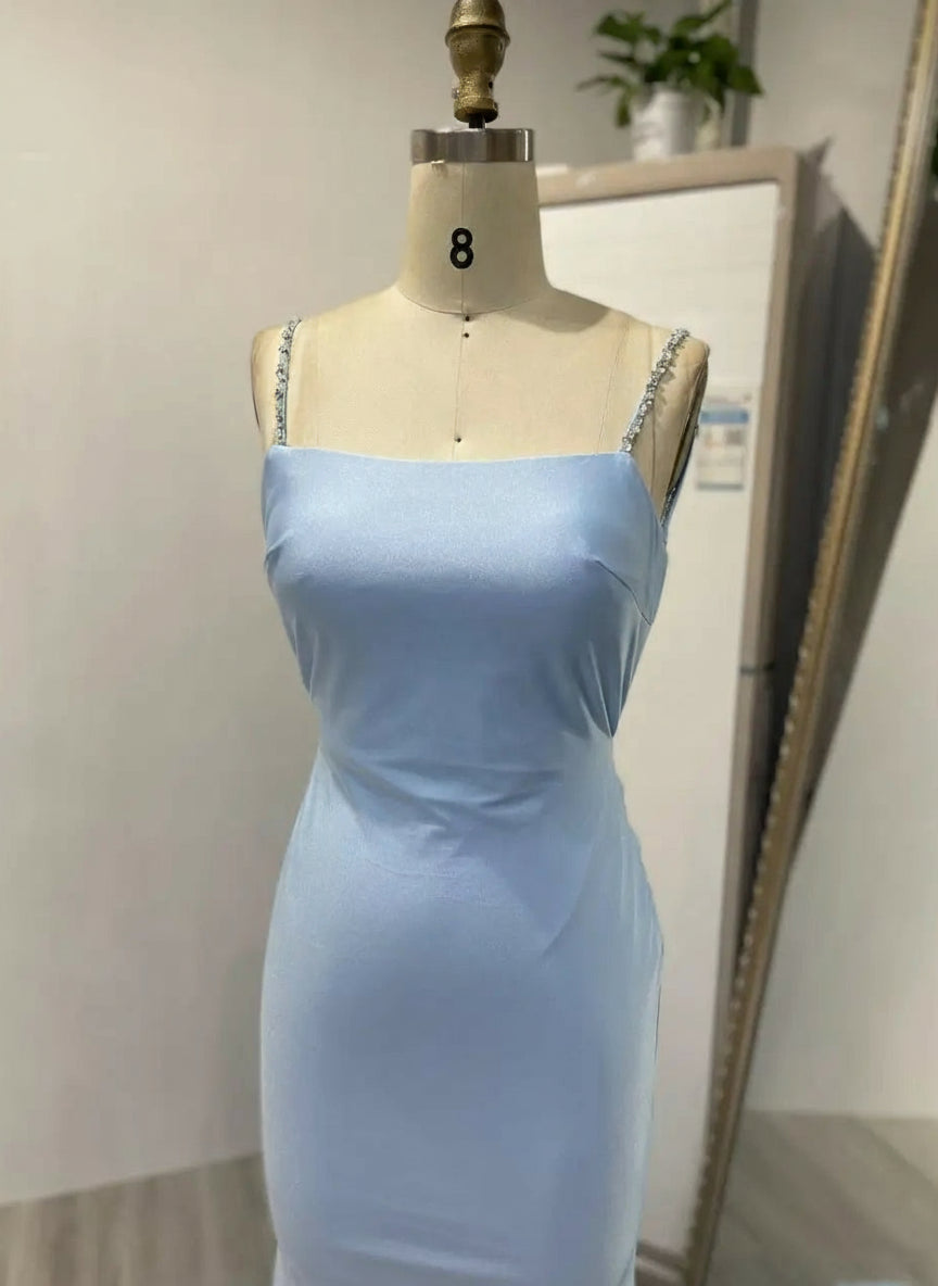 MYMB Blue Elegant Spaghetti Straps Mermaid Satin Girl Princess Dress Pleated Backless Evening Gowns for Wedding Party MC20028