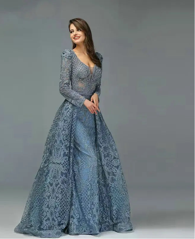 MYMB Blue Elegant Long Sleeves Women Celebrity Dress for Formal Occasions Luxury Arabic V Neck Beading Lace Evening Gowns DKN108