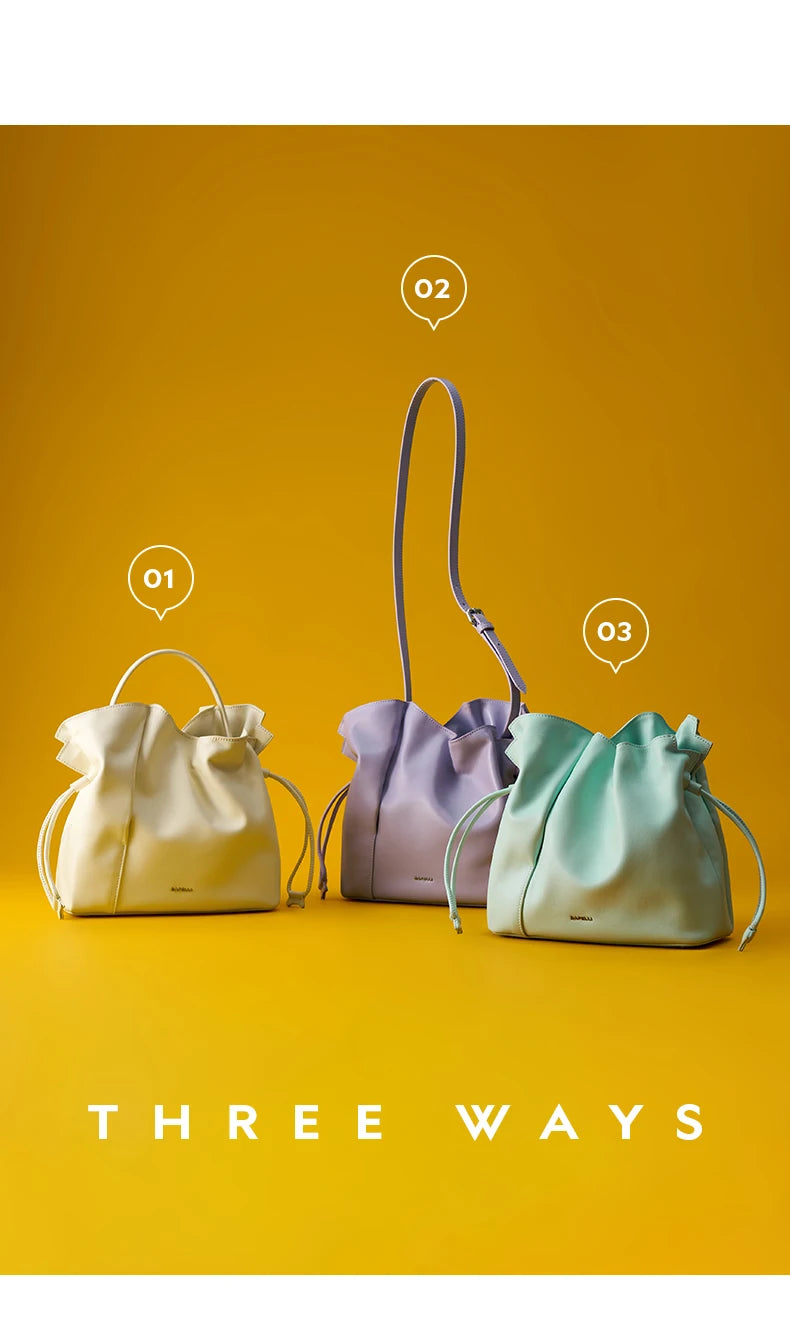 BAFELLI 2025 NEW WOMEN'S BAG LEATHER CASUAL BUCKET HANDBAGS FOR FEMALE TREND FASHION SHOPPER PURSE LUXURY BRAND SHOULDER