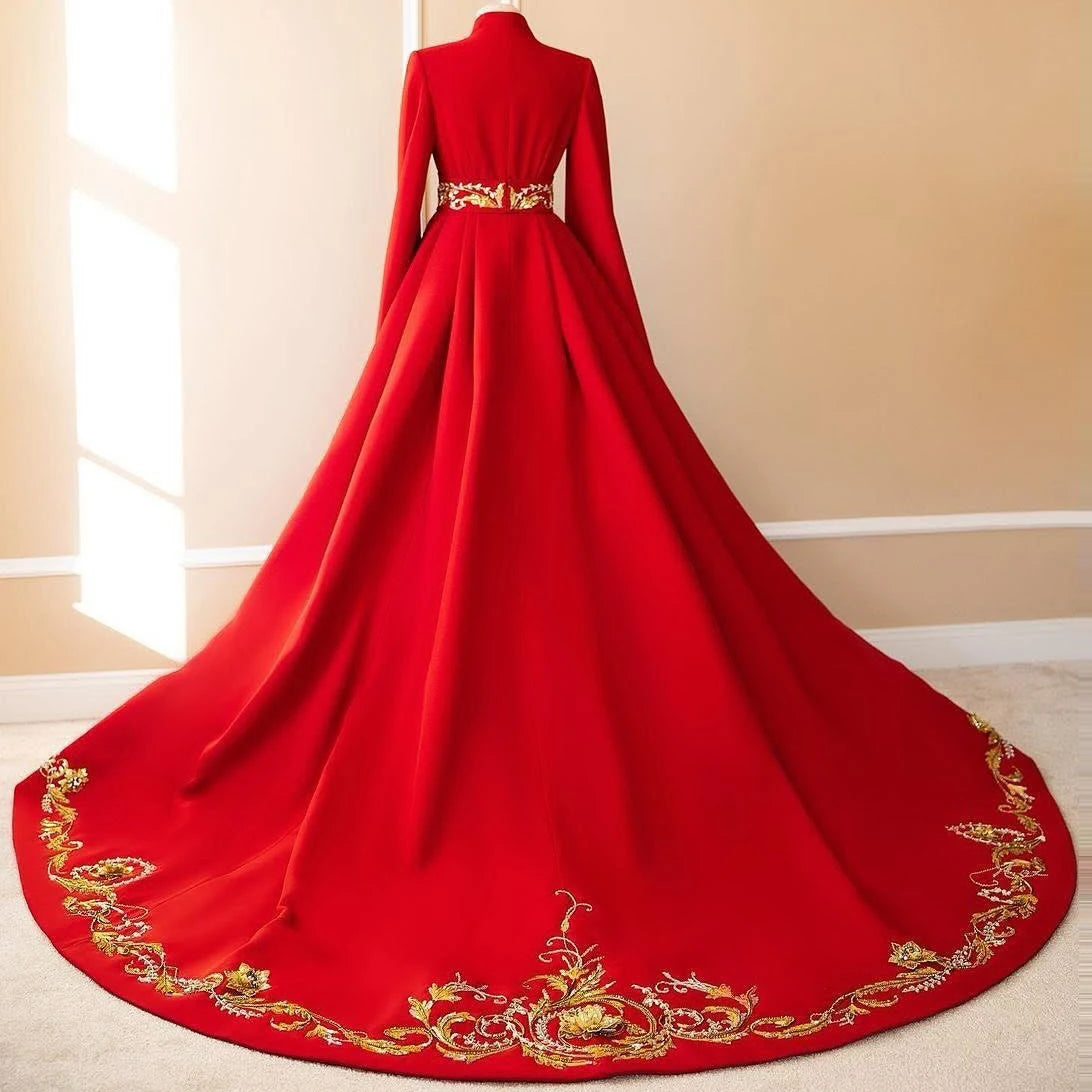 2025 Newest Special Occasion Evening Dress Chinese Style Dress Red V-neck Printed Long Dress Customizable