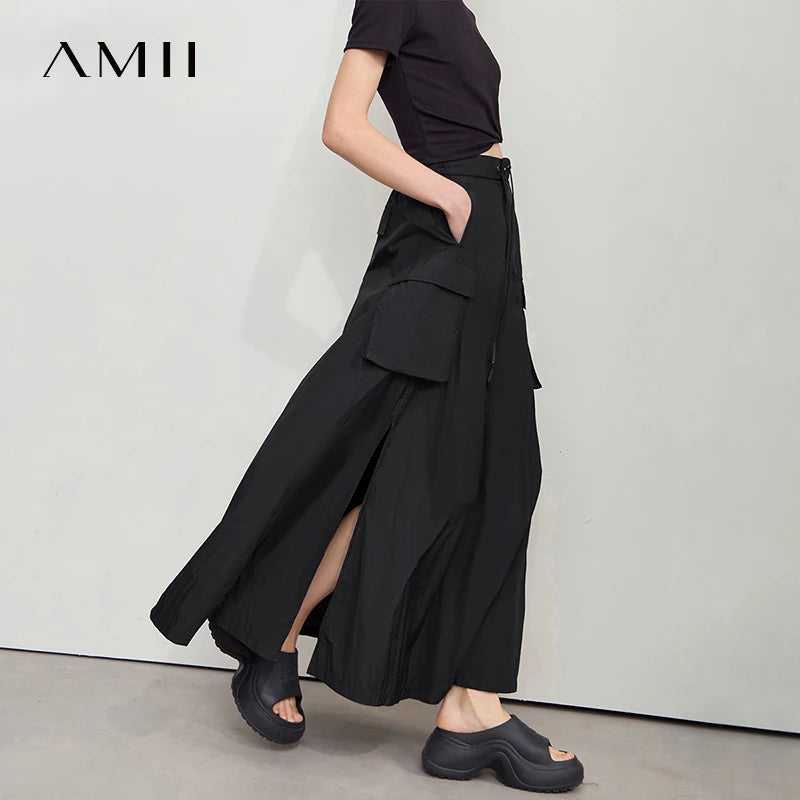 AMII Vacation Long Skirt 2025 Summer Women Loose Sun Protection Office Lady Solid Pockets Elastic Waist Cord Slit Skirt 12542106