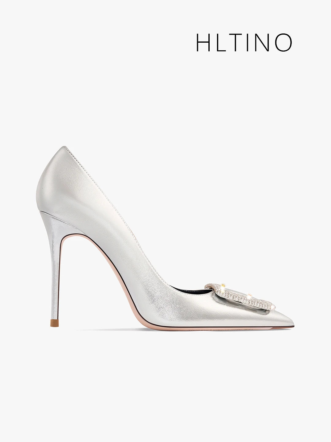 Silver Women Pumps Soft Comfortable Ladies High Heels Pointed Toe with Square Rhinestones Buckle Size 43 Wedding Shoes