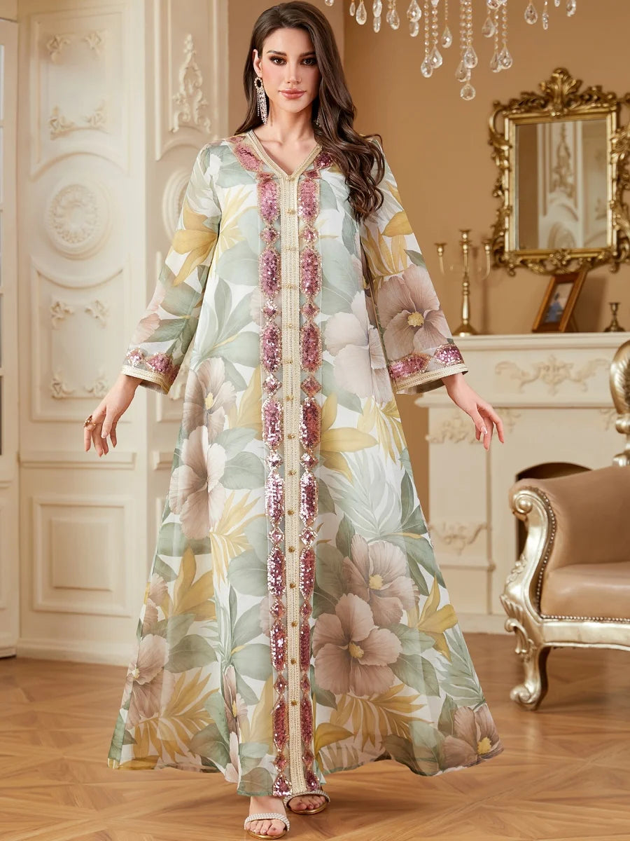 Siskakia Muslim Elegant Women Evening Dress Sequins Patchwork Abaya V-Neck Floral Print Kaftan
