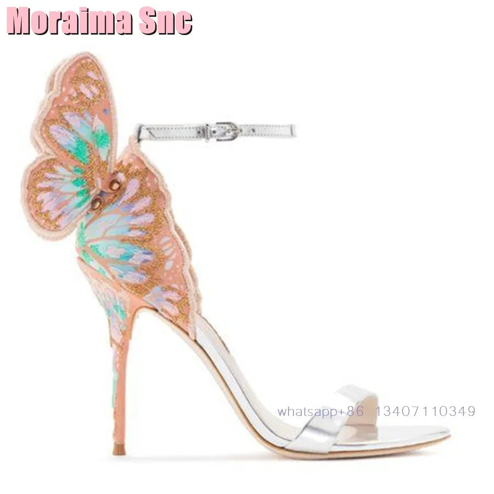 2025 New Back Butterfly Decor Wedding Shoes Bridal Sandals Stiletto High Heel Round Toe Ankle Buckle Bling Dress Shoes Banquet
