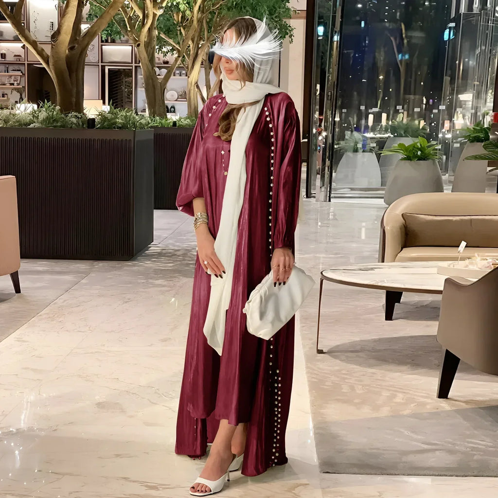 2025 Caftan Muslim Abaya Women Dress 2 Piece Set Abayas Gowns Dubai Arabic Silk Satin Kimono Cardigan Robe Outwear Autumn
