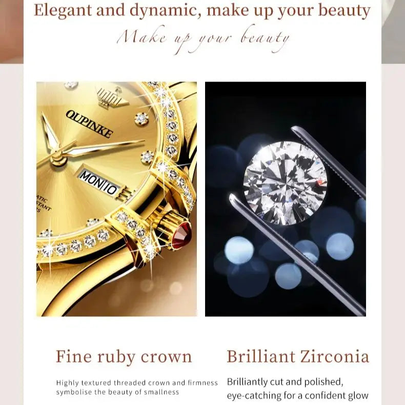 OUPINKE 3195 Japan Imported Automatic Movement Mechanical Watch for Women Diamond Ladies Watch Waterproof Dual Calendar Watch