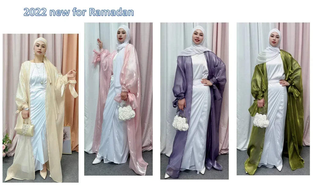 2025 Eid Abaya Dubai Puff Sleeves Muslim Dress Silky Turkey Kaftans for WomenRobe Kimono Islam Abayas Femme Musulmane African