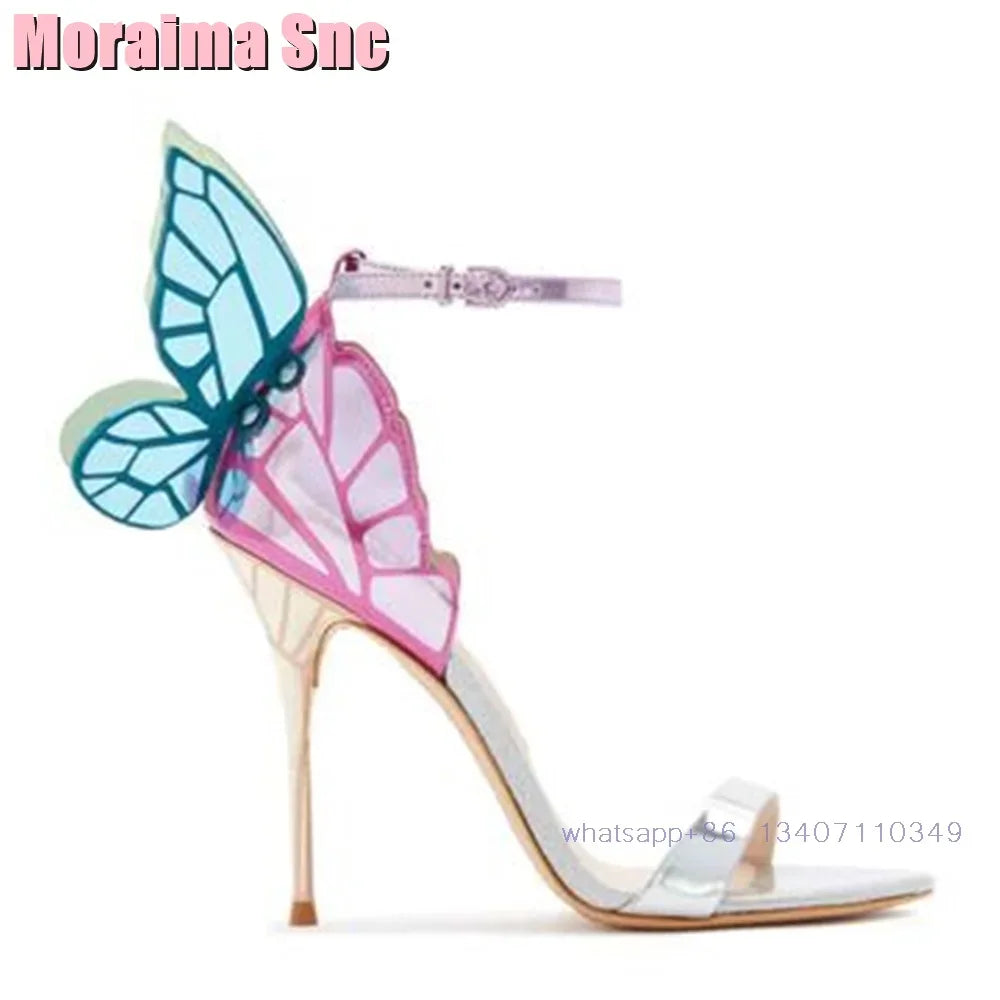 2025 New Back Butterfly Decor Wedding Shoes Bridal Sandals Stiletto High Heel Round Toe Ankle Buckle Bling Dress Shoes Banquet
