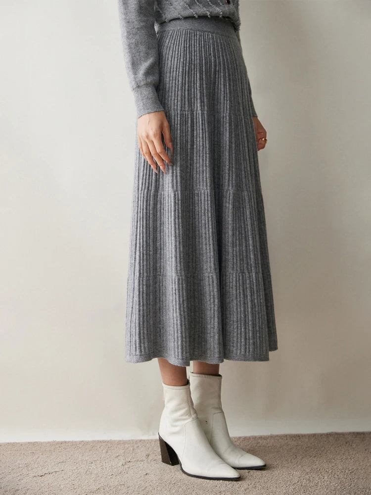 100% Cashmere Knitted Skirt Autumn Winter Women Elegant Tiered Pleats Slim A-line High Waisted Soild Office Lady Dress High-end