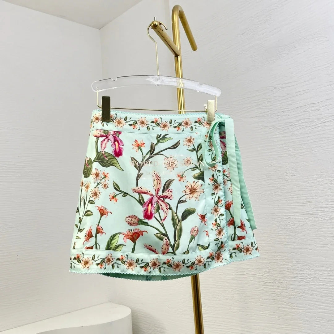 Green Floral Print Mini  Skirt 2025 and Dresses Skirt
