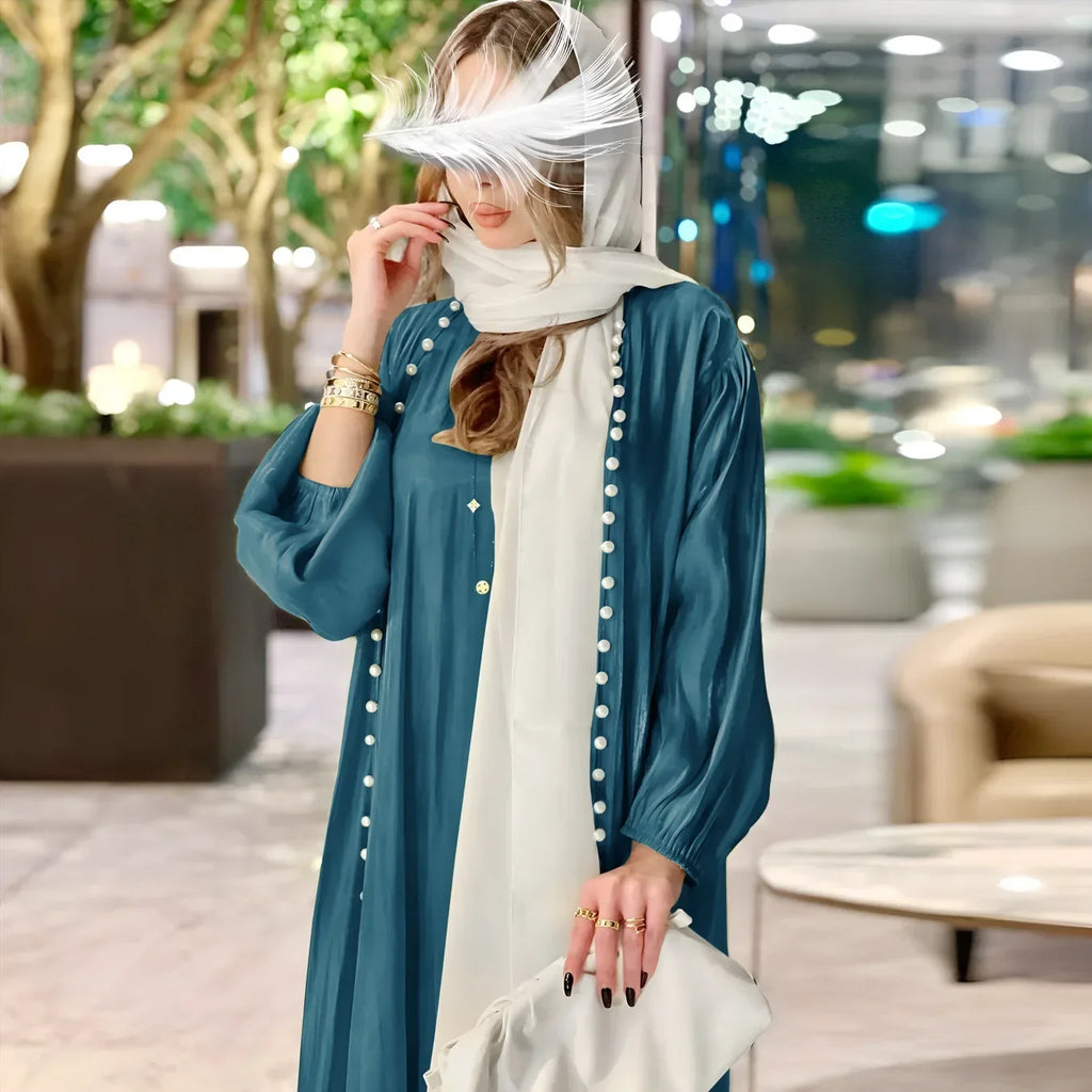 2025 Caftan Muslim Abaya Women Dress 2 Piece Set Abayas Gowns Dubai Arabic Silk Satin Kimono Cardigan Robe Outwear Autumn
