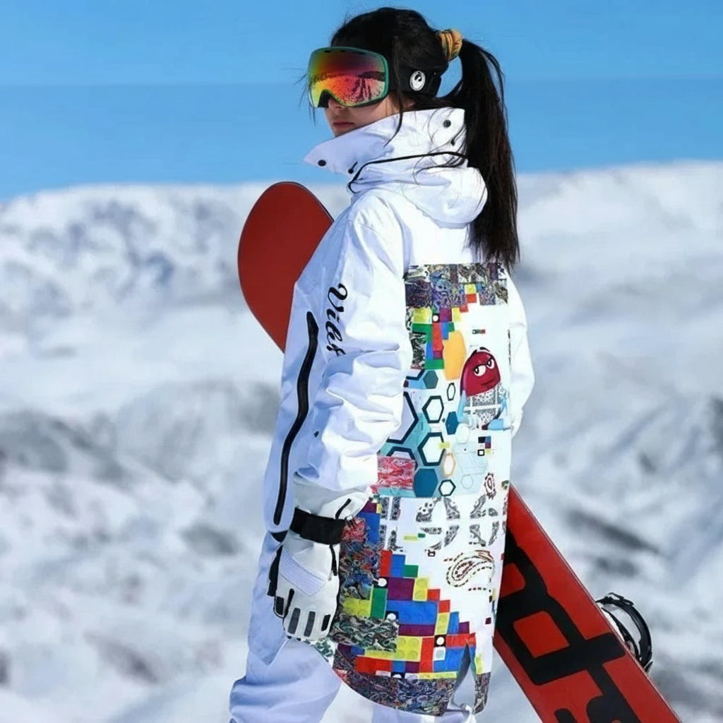 New Women's Waterproof Ski Suit Set Winter Sports Unisex White Clothes Fashion Print Snow Jacket Adjustable Shoulder Strap Pants