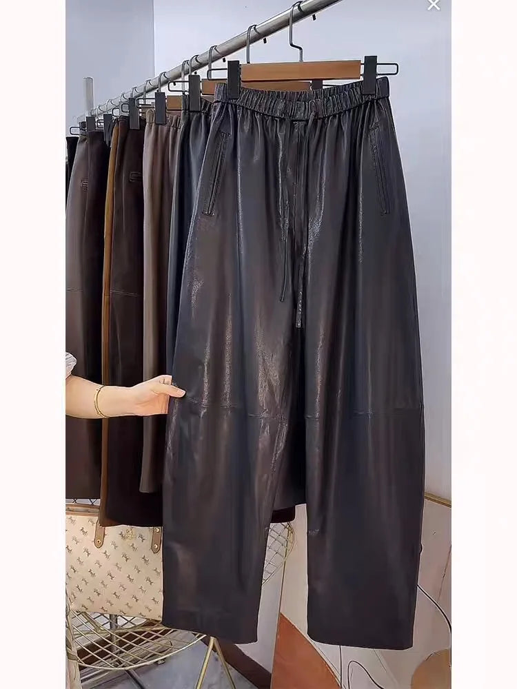 Luxury Genuine Leather Pants High Quality Women Elastic Waist Drawstring Trousers Wide Leg Pants