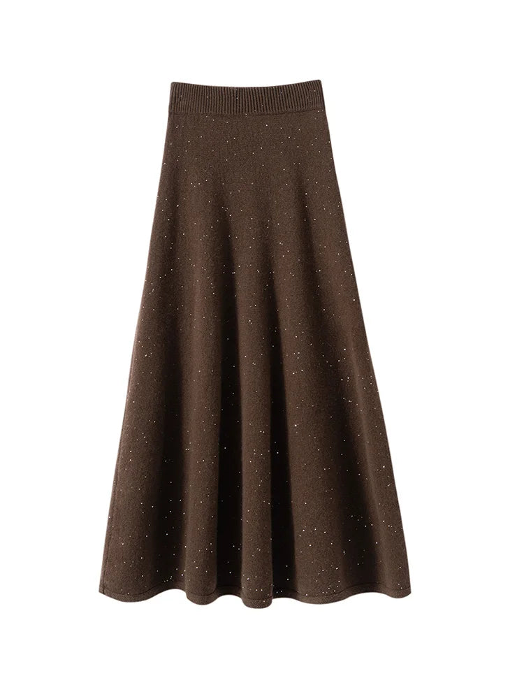 Luxury Women 100% Cashmere  Skirt Autumn Winter Thick Vintage Simple Style Sequined Umbrella Skirt Soft Warm  Knitted Skirt