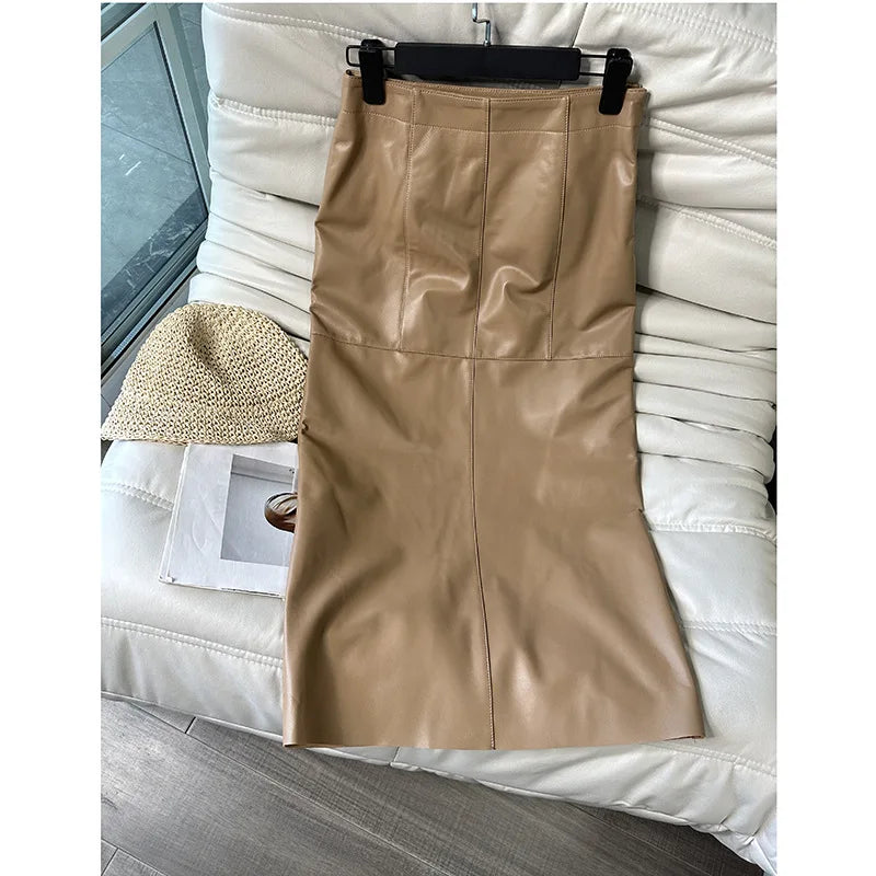 100% Real Leather Long Skirt Women 2024 New Fashion High Waist  Sexy Split Wrap Skirt Chic Ladies Sheepskin Pencil Skirts Luxury