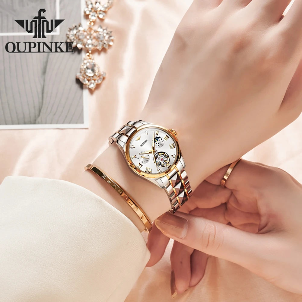 OUPINKE 3202 Women Watch Original Tungsten Steel Moon Phase Waterproof Watch Luxury Swiss Brand Women Automatic Mechanical Watch