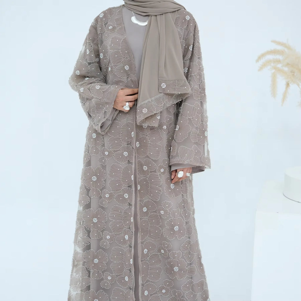 Luxury Dubai Lace Beads Cardigan Muslim Sets Women Hijab Abaya Kimono Jalabiya Ramadan Turkey Kaftan Robe Islam Clothing Caftan