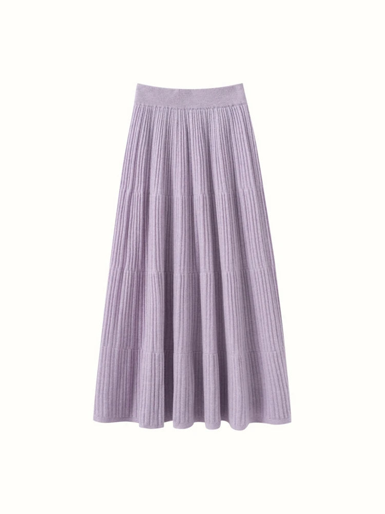 100% Cashmere Knitted Skirt Autumn Winter Women Elegant Tiered Pleats Slim A-line High Waisted Soild Office Lady Dress High-end