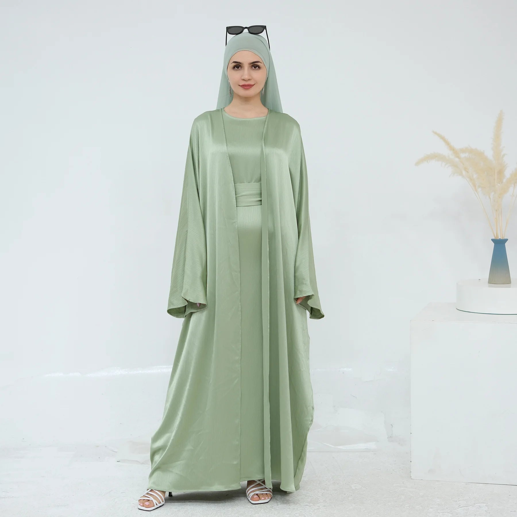 Ramadan Muslim Women 2 Piece Set Party Dresses Abaya Eid Jalabiya Sashes Morocco Dubai Kaftan Cardigan Robe Kimono Kebaya Caftan