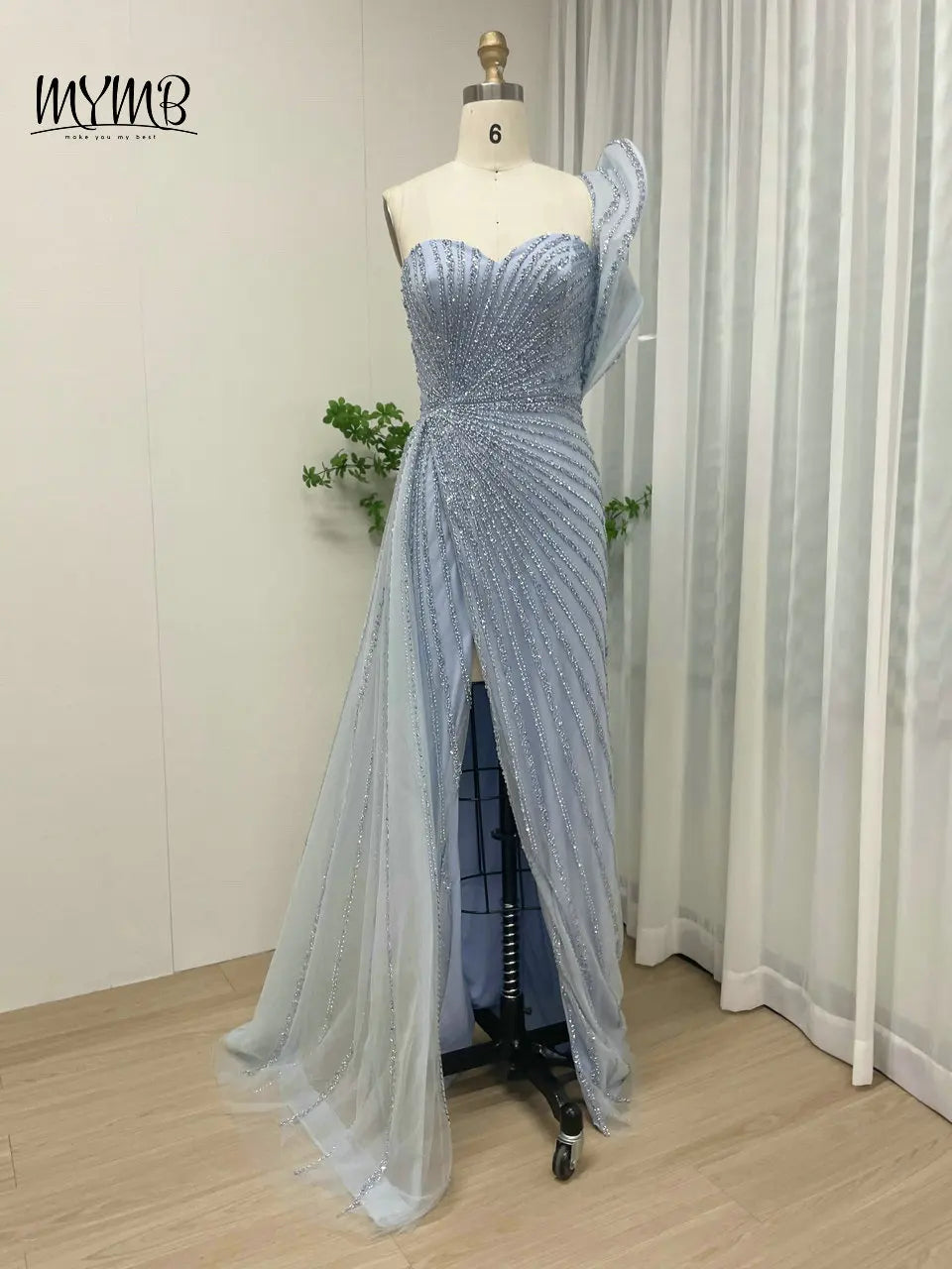 MYMB Gorgerous Green High Split Mermaid Beaded Wedding Party Dress Luxury Sweetheart Neck One Shoulder Evening Ball Gown MB40031