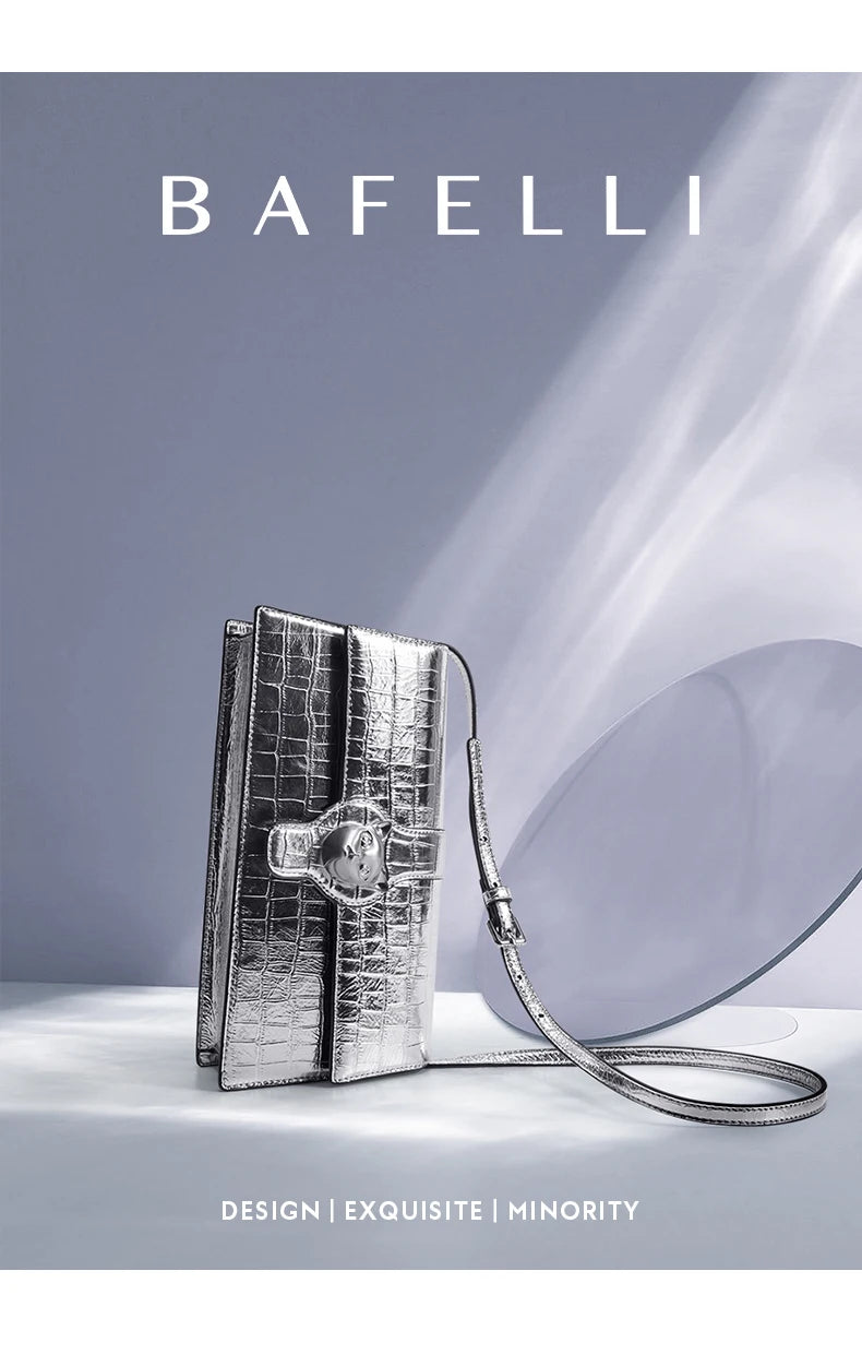BAFELLI 2025 NEW WOMEN'S LUXURY BAGS CAT BRAND FASHION HANDBAG SILVER LEATHER CLUTCH STYLISH EVENING CASUAL PURSE HIGH QUALITY
