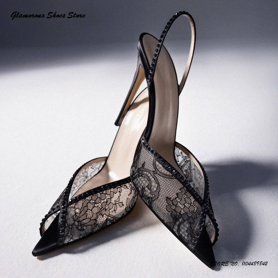 Crystal-embellished Lace Slingback Sandals Women's Pointed Open Toe Thin Heels Party Shoes Summer Fashion Pull On Stilettos
