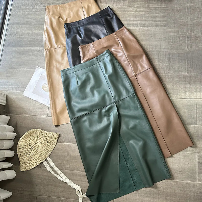 100% Real Leather Long Skirt Women 2024 New Fashion High Waist  Sexy Split Wrap Skirt Chic Ladies Sheepskin Pencil Skirts Luxury