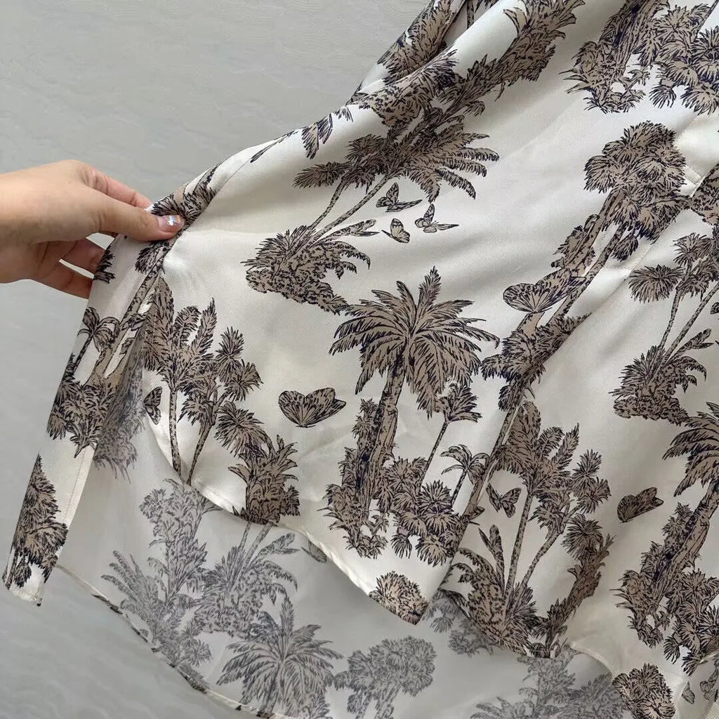 2025 New Autumn Vintage Coconut Tree Print Butterfly 100% Silk Long Shirt Women O-neck Long Sleeve Loose Casual Blouse Tops
