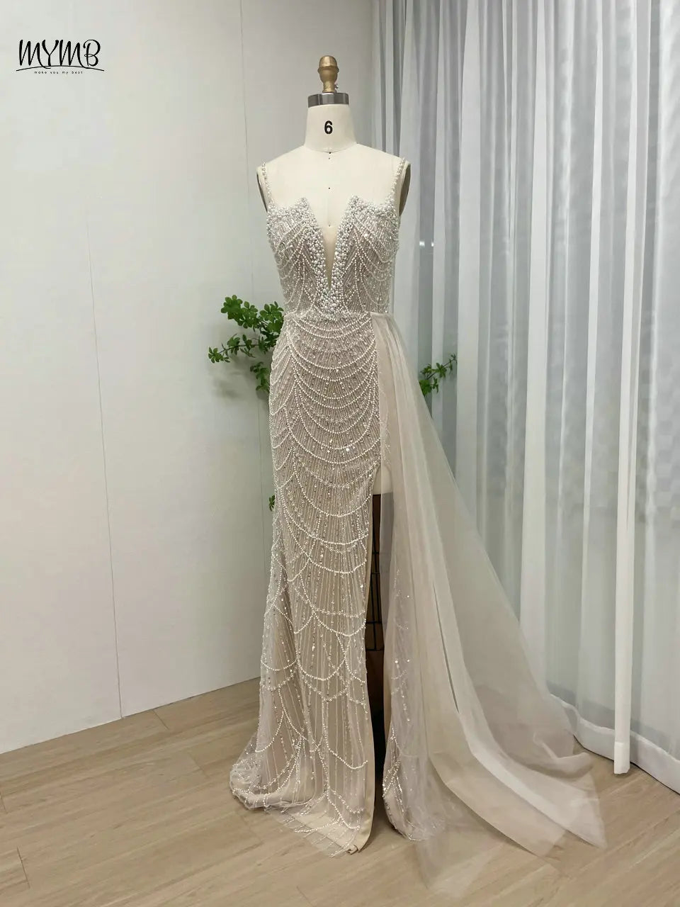 MYMB Pink Stunning Spaghetti Strap Side Split Evening Gowns for Women Party New Arrival Trendy Mermaid Tulle Beaded Evening Gown