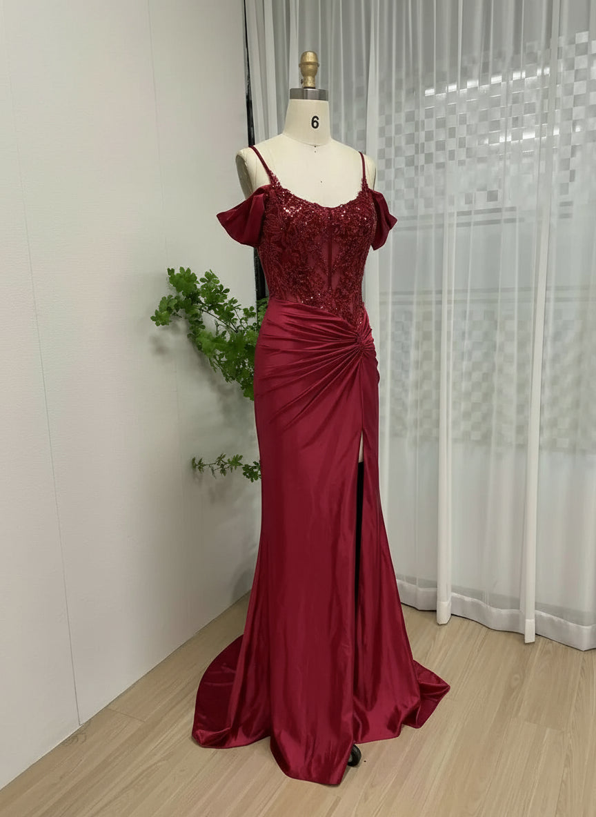MYMB Wine Spaghetti Straps Women Sheath Bridesmaid Dresses Classic Off Shoulder High Slit Beaded Evening Gown vestidos de gala