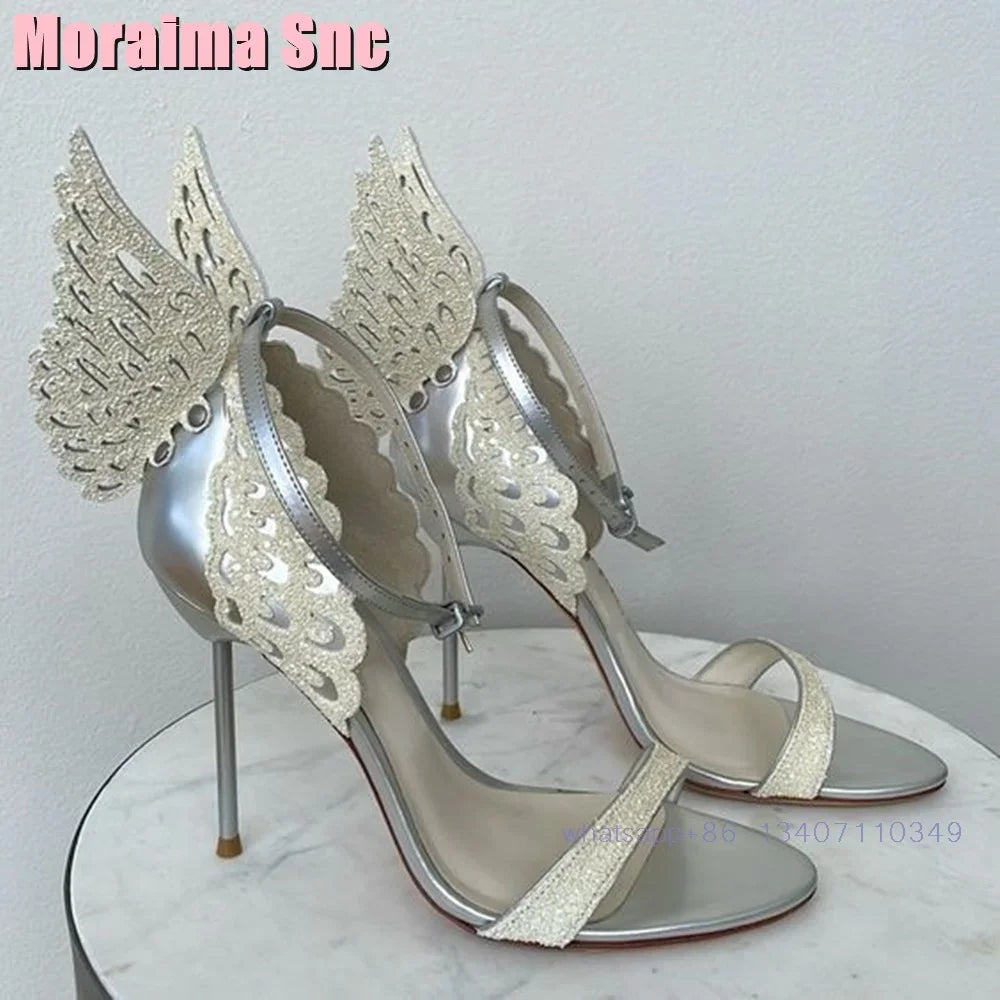 2025 New Back Butterfly Decor Wedding Shoes Bridal Sandals Stiletto High Heel Round Toe Ankle Buckle Bling Dress Shoes Banquet