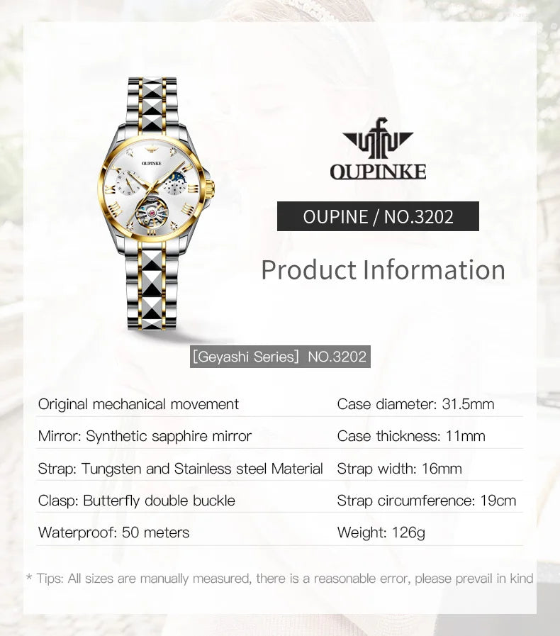 OUPINKE 3202 Women Watch Original Tungsten Steel Moon Phase Waterproof Watch Luxury Swiss Brand Women Automatic Mechanical Watch