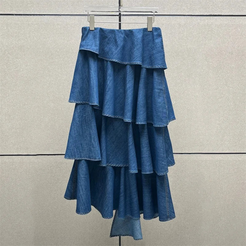 Women's skirt New asymmetrical spiral long skirt for autumn 2025 High waisted slim women's half skirt Cotton blend denim skirt