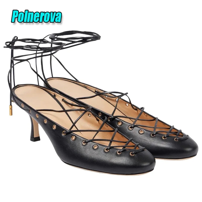 Sexy Cross Strap Women's Sandals Solid Color Round Toe Ankle Lace-up Kitten Heel Pumps Summer Elegant Comfort Casual Flat Shoes
