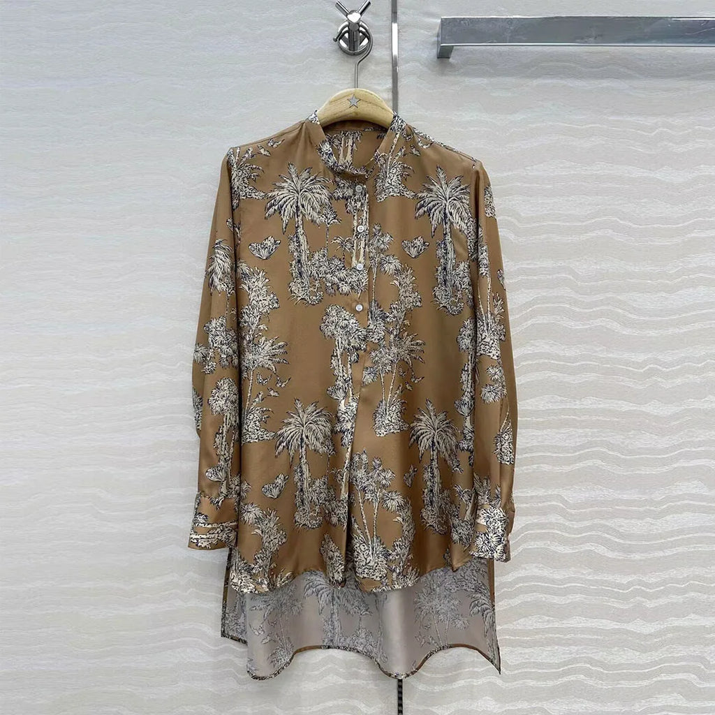2025 New Autumn Vintage Coconut Tree Print Butterfly 100% Silk Long Shirt Women O-neck Long Sleeve Loose Casual Blouse Tops