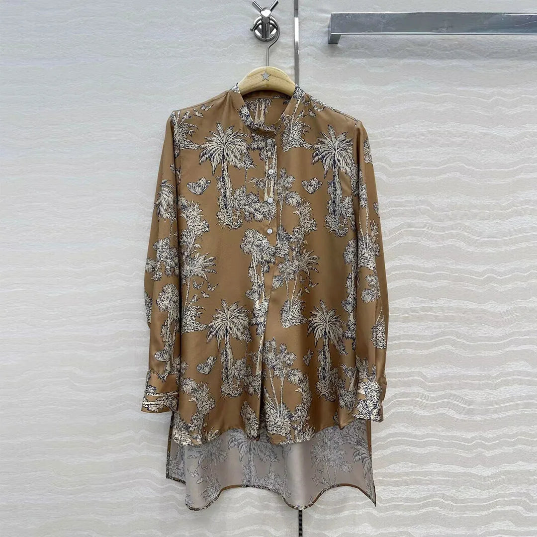 2025 New Autumn Vintage Coconut Tree Print Butterfly 100% Silk Long Shirt Women O-neck Long Sleeve Loose Casual Blouse Tops
