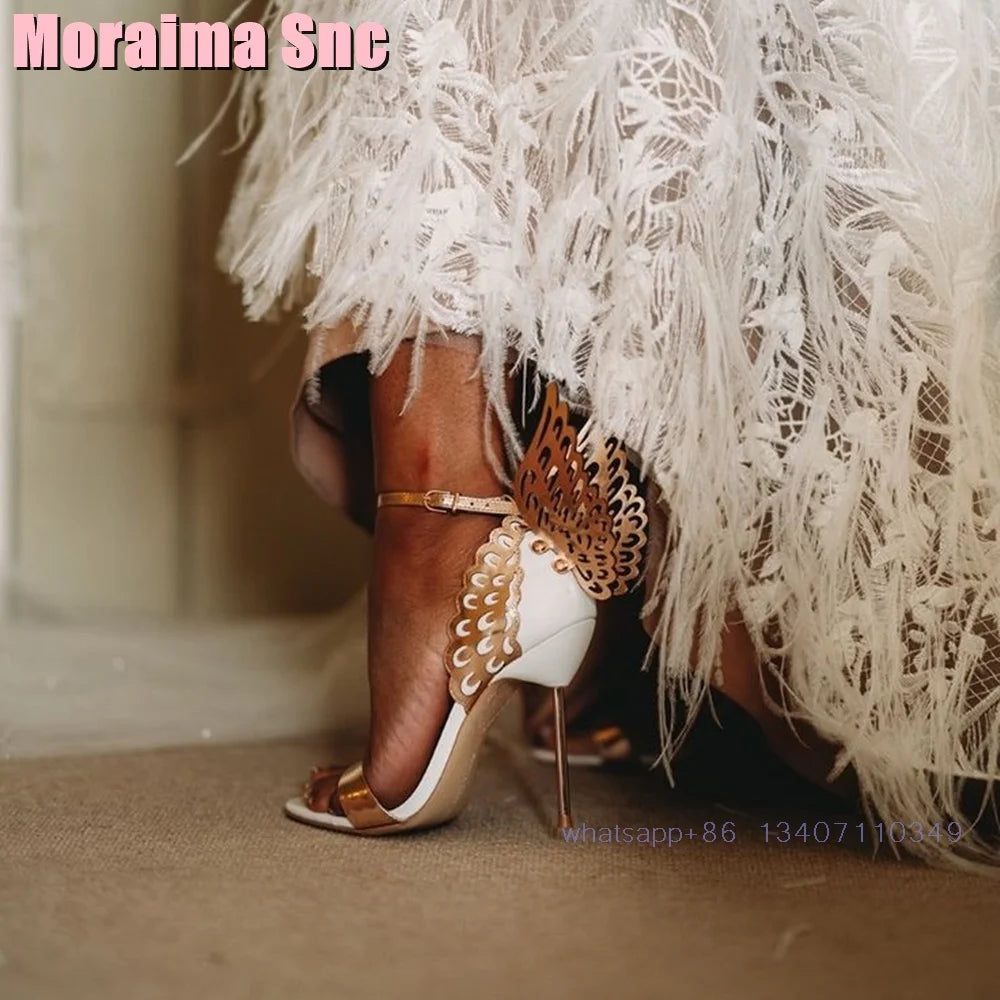 2025 New Back Butterfly Decor Wedding Shoes Bridal Sandals Stiletto High Heel Round Toe Ankle Buckle Bling Dress Shoes Banquet